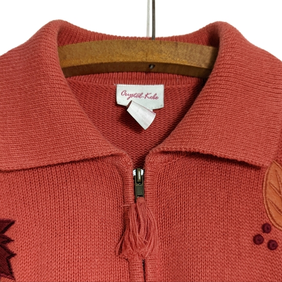 Vintage Fall Leaves Cardigan Sweater Crystal Kobe Salmon Sz M - Picture 7 of 10